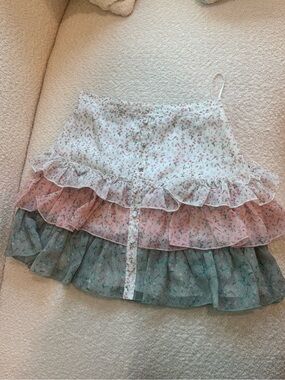 Floral Tiered Ruffle Mini Skirt - Pink, Green, White